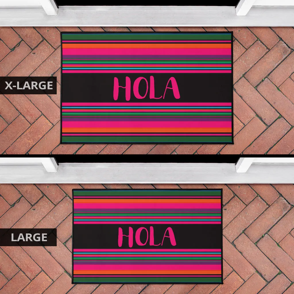 Hola Doormat Hot Pink and Black With Colorful Serape Pattern