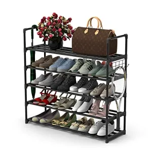Hsscblet 5 Tiers Metal Shoe Rack,Adjustable Shoe Shelf Storage Organizer with Hooks,Stackable Boot & Shoe Storage,for Entryway,Hallway,Closet,Black
