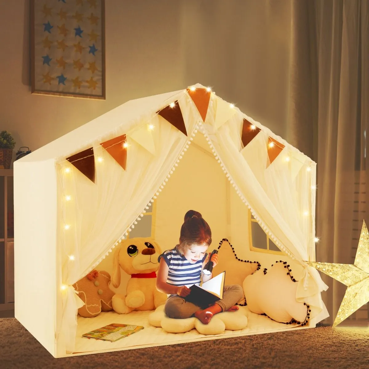 Kids Play Tent | Fabric and Screen Curtains | Indoor & Outdoor | Cream