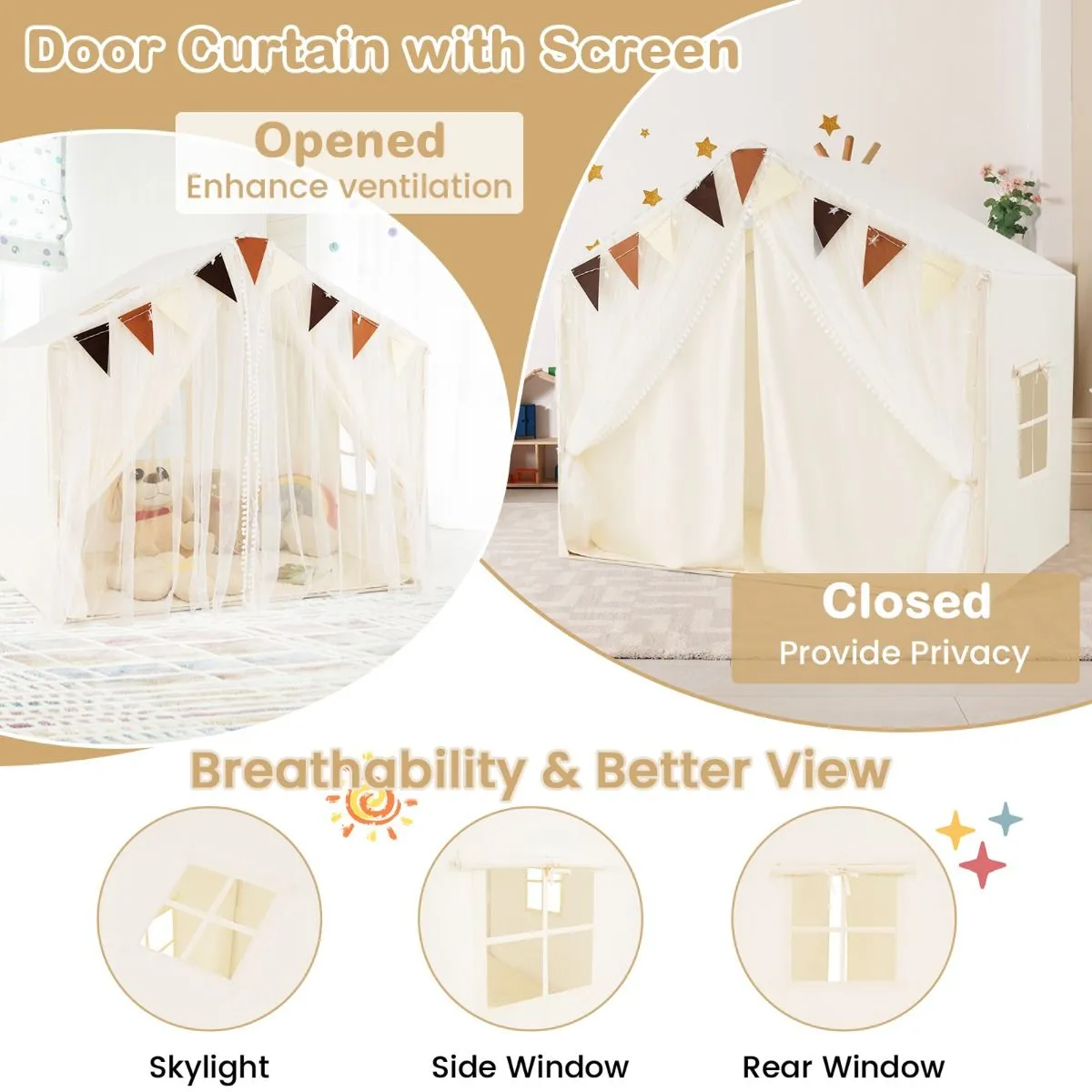 Kids Play Tent | Fabric and Screen Curtains | Indoor & Outdoor | Cream