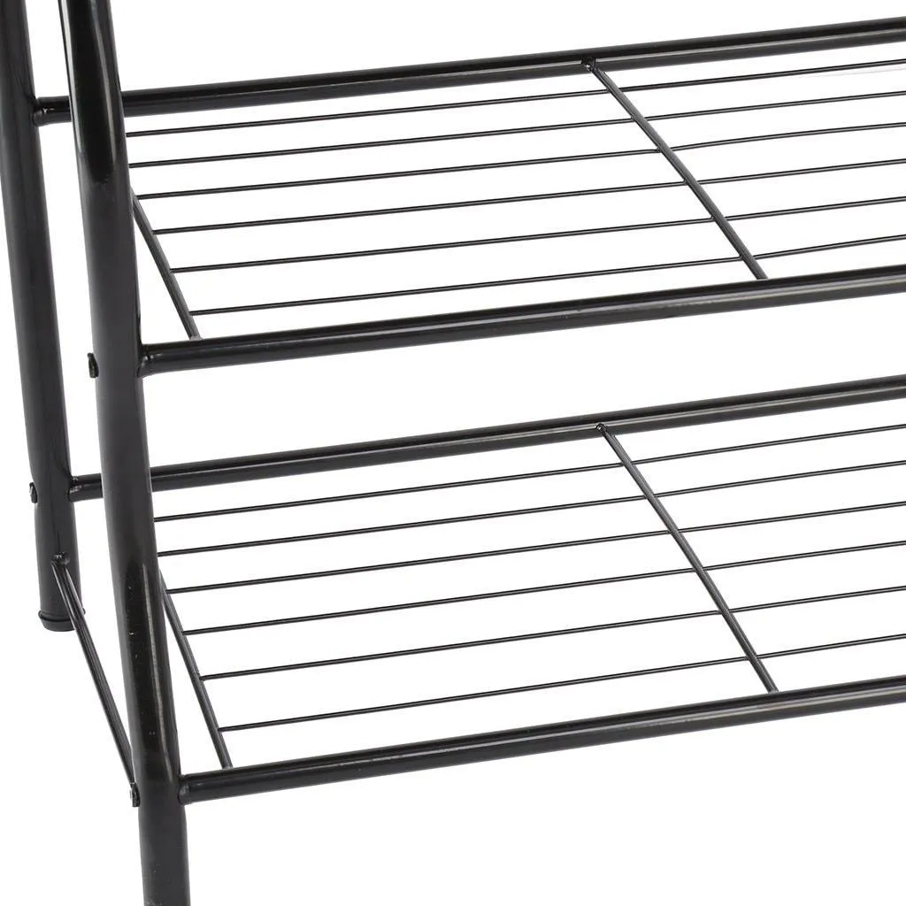 LANGRIA Entryway Coat Rack Metal Standing Hall Tree with 2-Tier Grid Wire Shoe Rack, Wooden Bench and Hat Umbrella Holder Features 5 Hooks (Black)