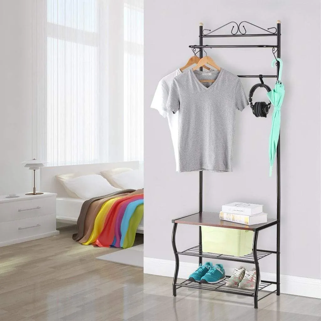 LANGRIA Entryway Coat Rack Metal Standing Hall Tree with 2-Tier Grid Wire Shoe Rack, Wooden Bench and Hat Umbrella Holder Features 5 Hooks (Black)