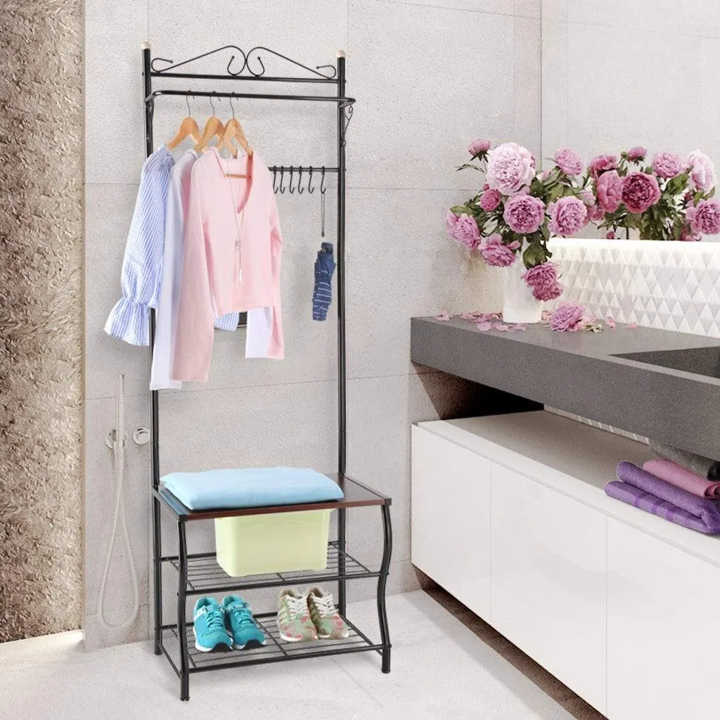 LANGRIA Entryway Coat Rack Metal Standing Hall Tree with 2-Tier Grid Wire Shoe Rack, Wooden Bench and Hat Umbrella Holder Features 5 Hooks (Black)