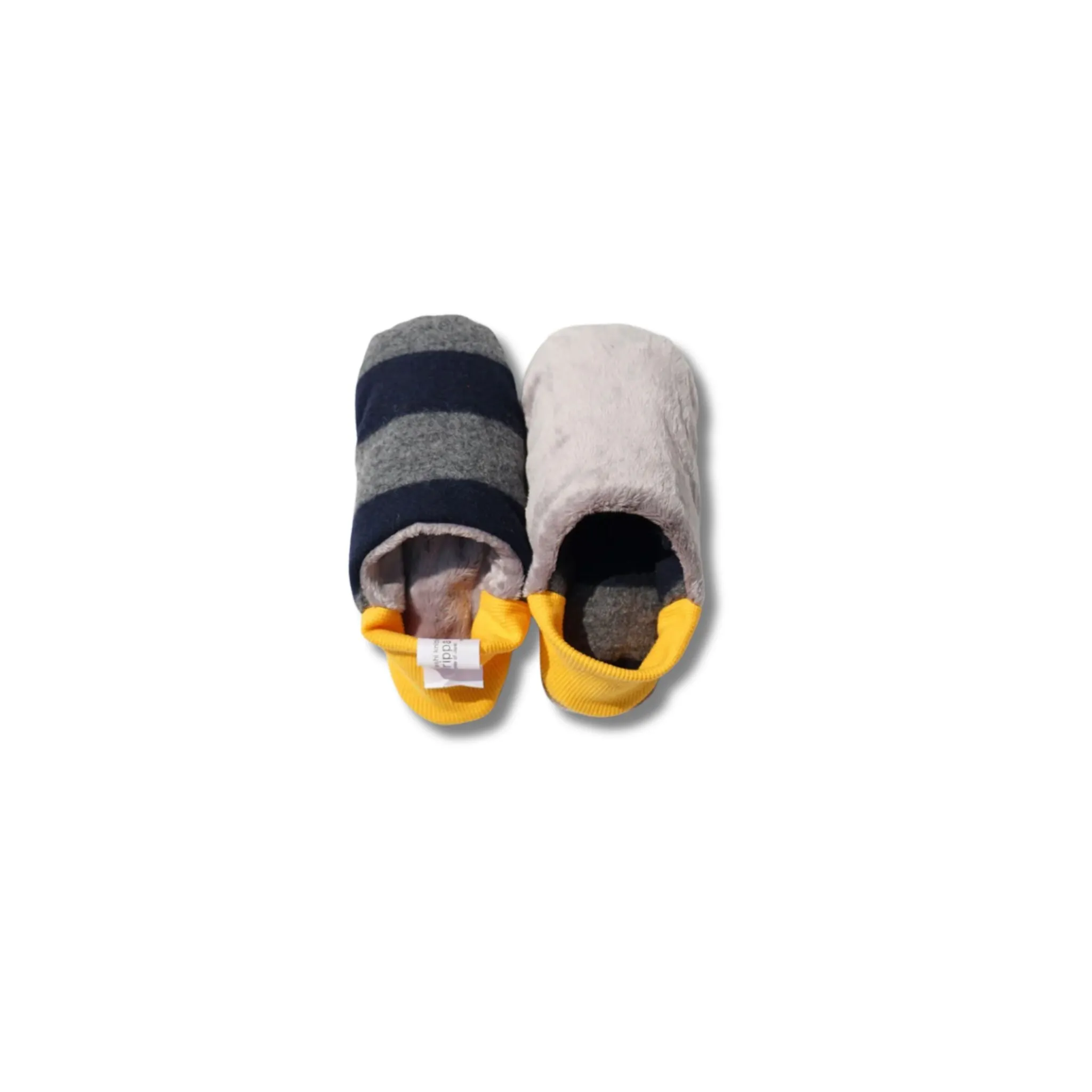 Merippa Slippers FW | Navy Stripes, Grey & Yellow Flannel Stripes × Fur