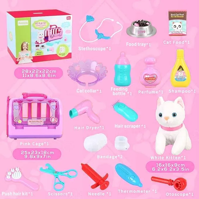 NEW Aomola Pet Care Pretend Veterinarian Toy with interactive kitten, cage & accessories