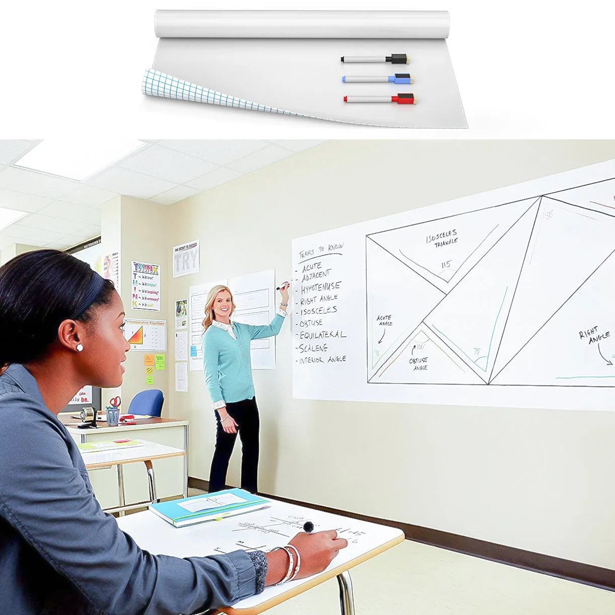 Nicpro White Contact Paper,Self-Adhesive Dry Erase Paper Film Whiteboard Sticker Wall Decal Large 17.7" X 78.7" with 3 Color Water-Based Pens for Home Office