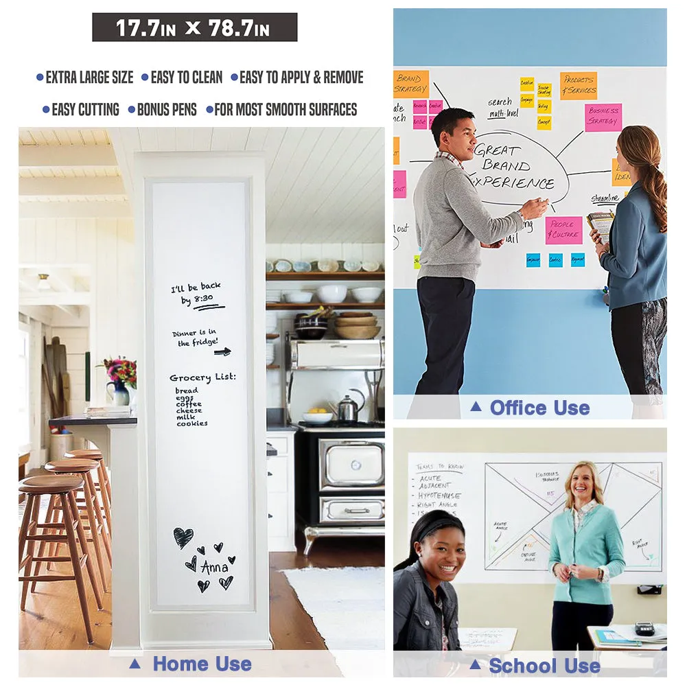 Nicpro White Contact Paper,Self-Adhesive Dry Erase Paper Film Whiteboard Sticker Wall Decal Large 17.7" X 78.7" with 3 Color Water-Based Pens for Home Office