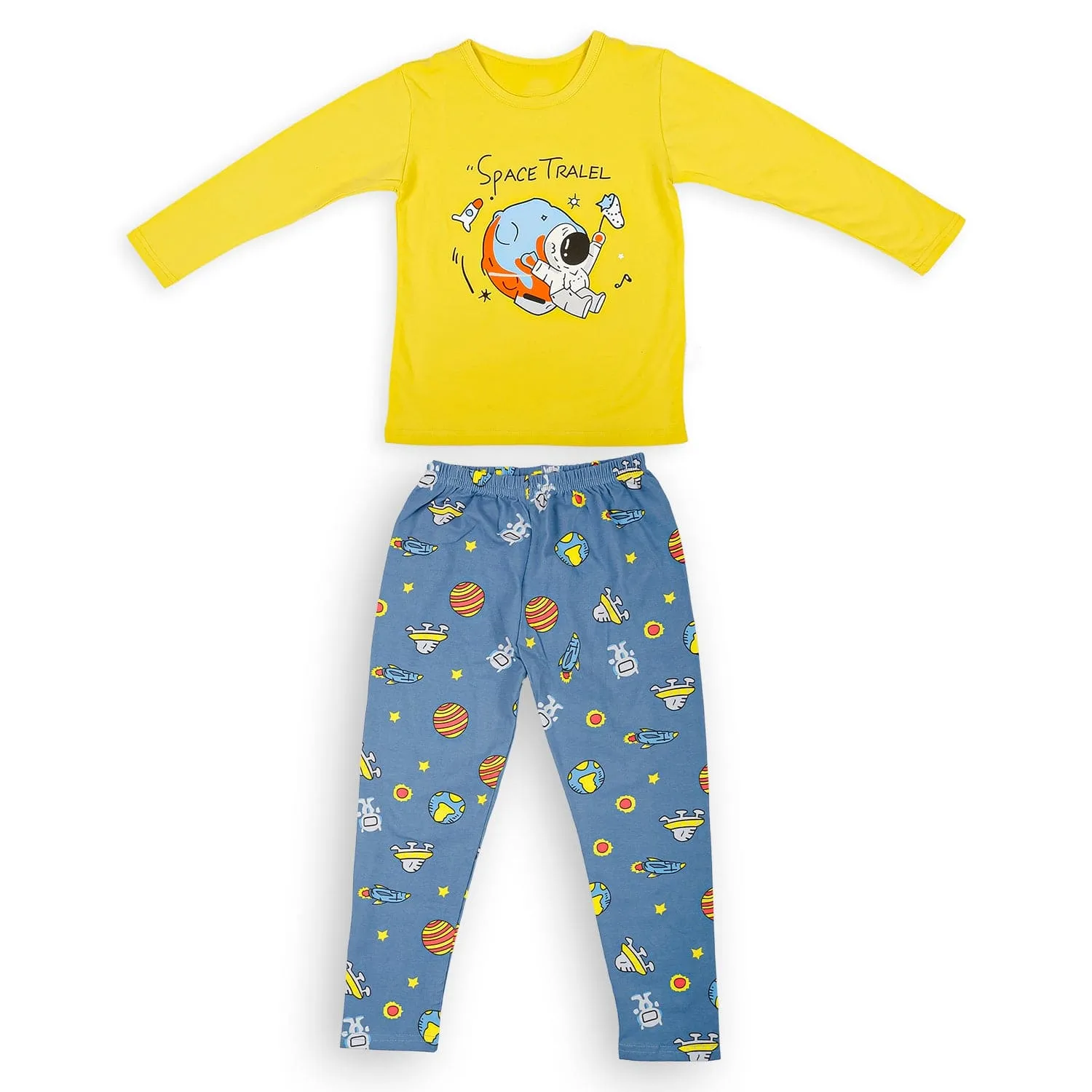 Night Suit Cotton Tshirt And Pyjama Space Travel Yellow