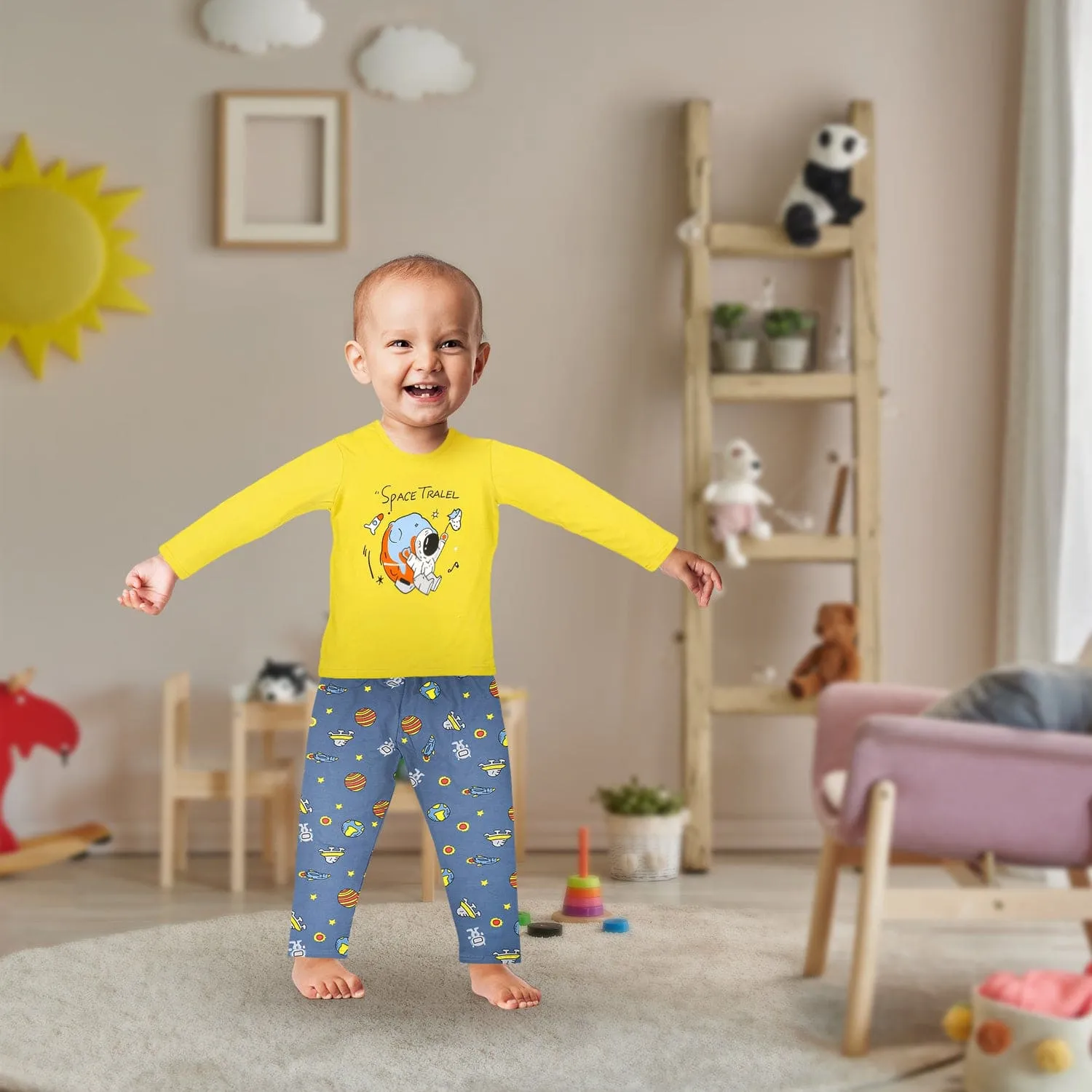 Night Suit Cotton Tshirt And Pyjama Space Travel Yellow