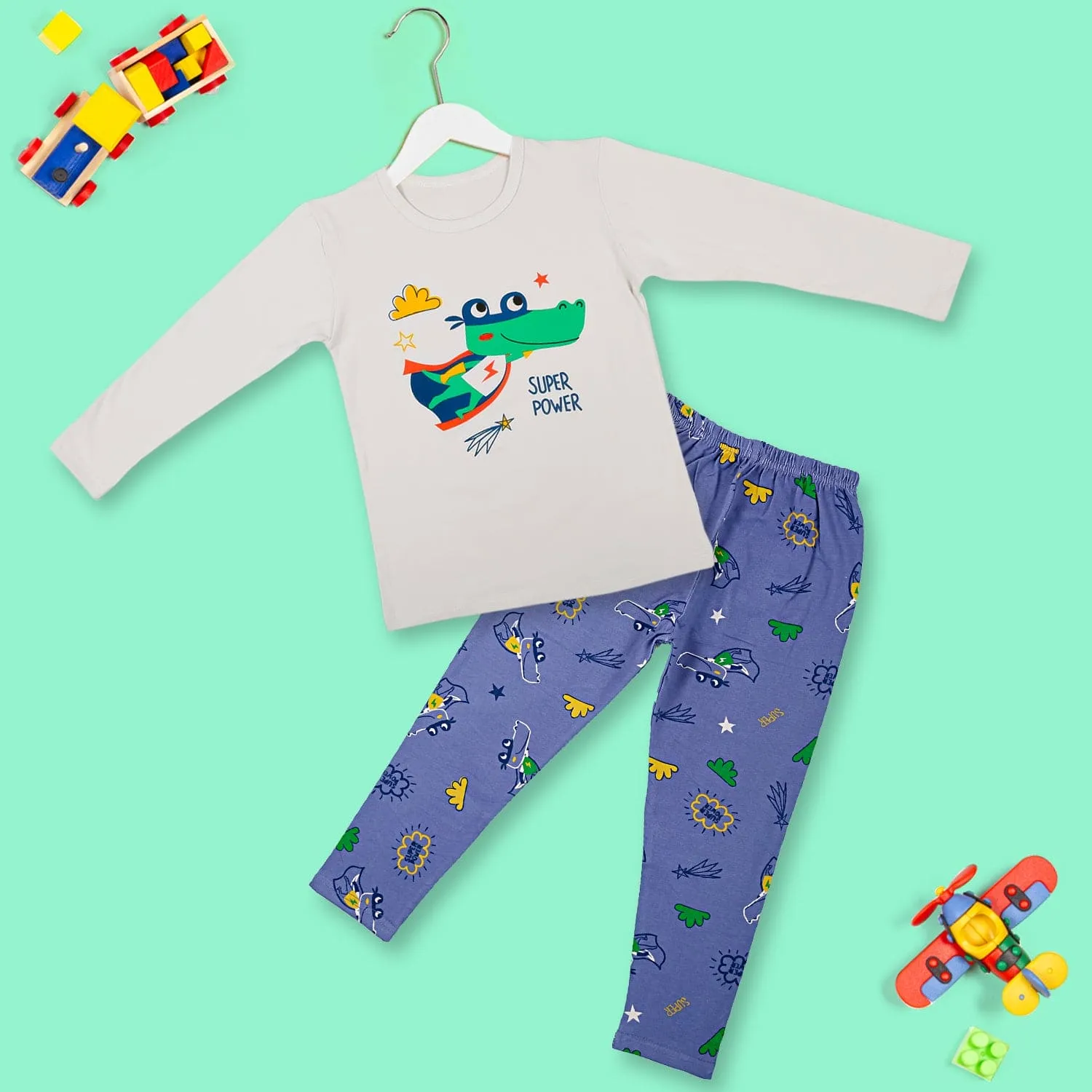 Night Suit Cotton Tshirt And Pyjama Super Frog Grey