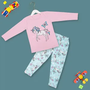 Night Suit Cotton Tshirt Pyjama Unicorn And Butterfly Pink