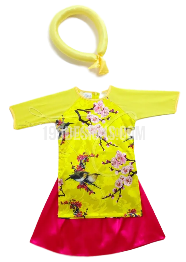 Áo Dài Bé Gái Vàng Bộ Có Vấy Hồng | Yellow Ao Dai Baby Kid Set - Lunar New Year