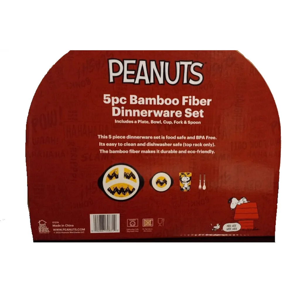 Peanuts Snoopy Charlie Brown Bamboo Dining Set for Kids Plate, Bowl, Cup and Utensils 5 Piece Dinnerware Set