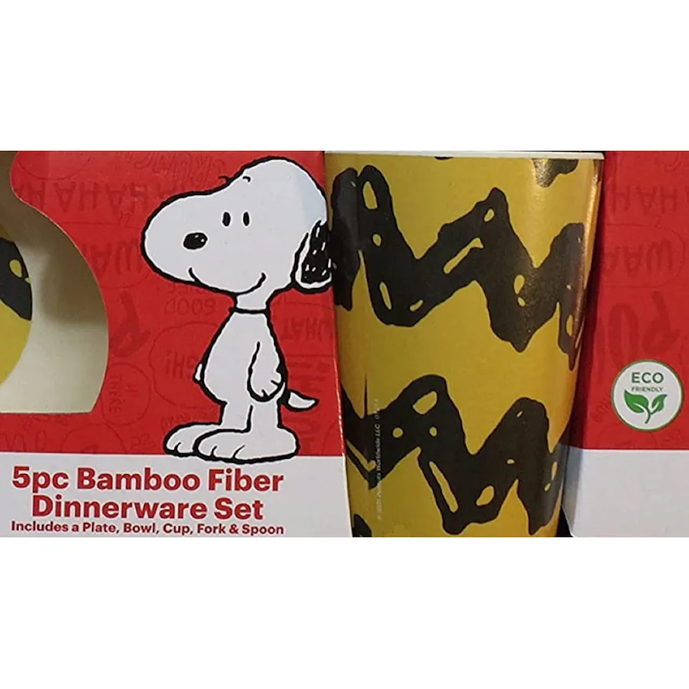 Peanuts Snoopy Charlie Brown Bamboo Dining Set for Kids Plate, Bowl, Cup and Utensils 5 Piece Dinnerware Set