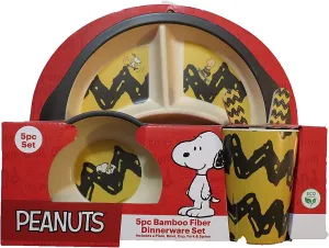 Peanuts Snoopy Charlie Brown Bamboo Dining Set for Kids Plate, Bowl, Cup and Utensils 5 Piece Dinnerware Set