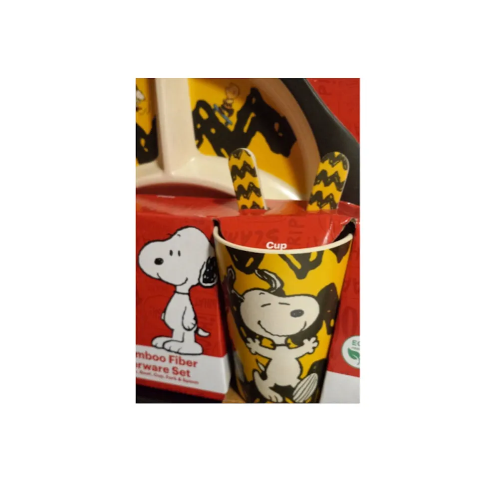 Peanuts Snoopy Charlie Brown Bamboo Dining Set for Kids Plate, Bowl, Cup and Utensils 5 Piece Dinnerware Set