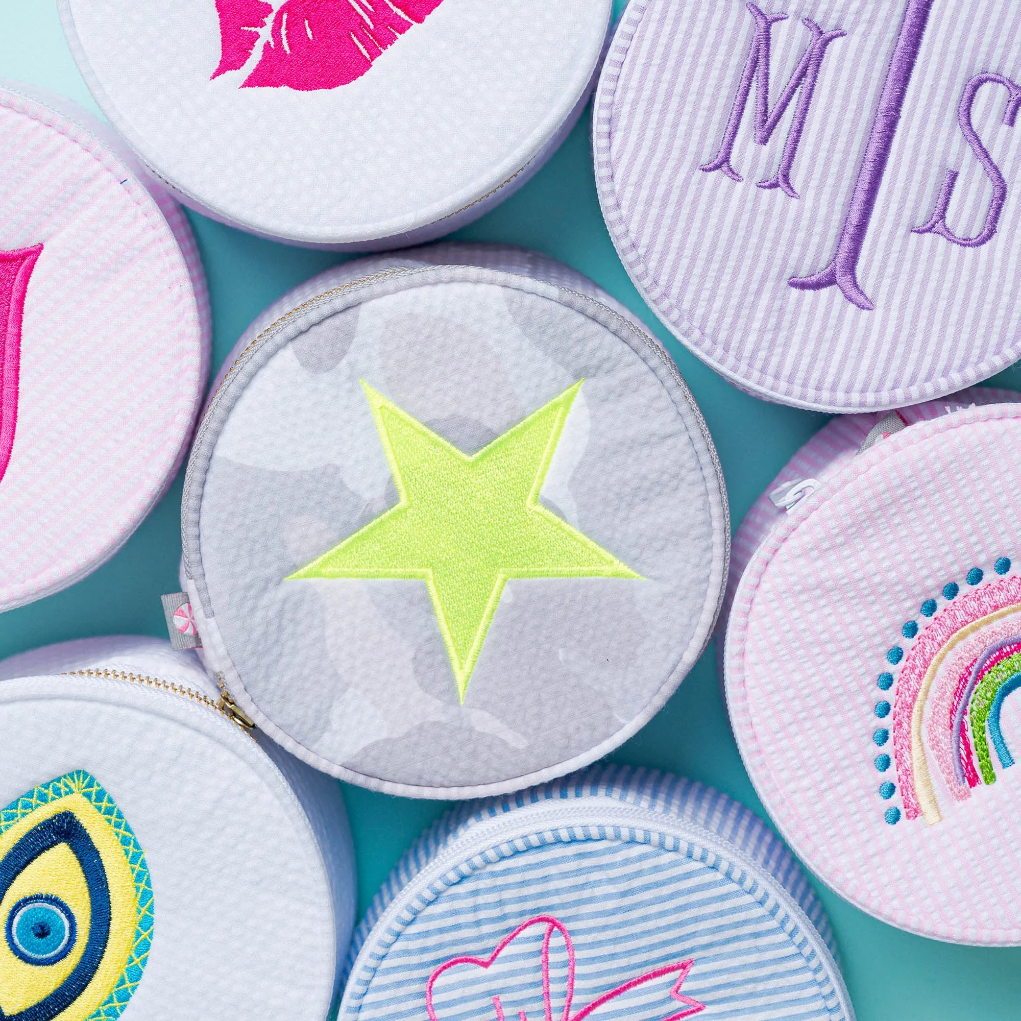 Personalized Seersucker Baby Pink Round Multi Purpose Pouch