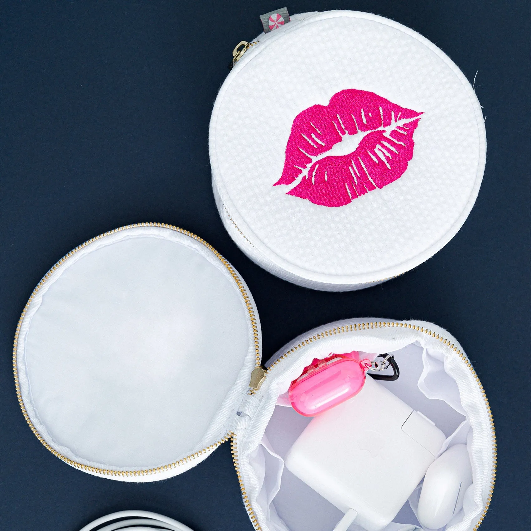 Personalized Seersucker White Round Multi Purpose Pouch