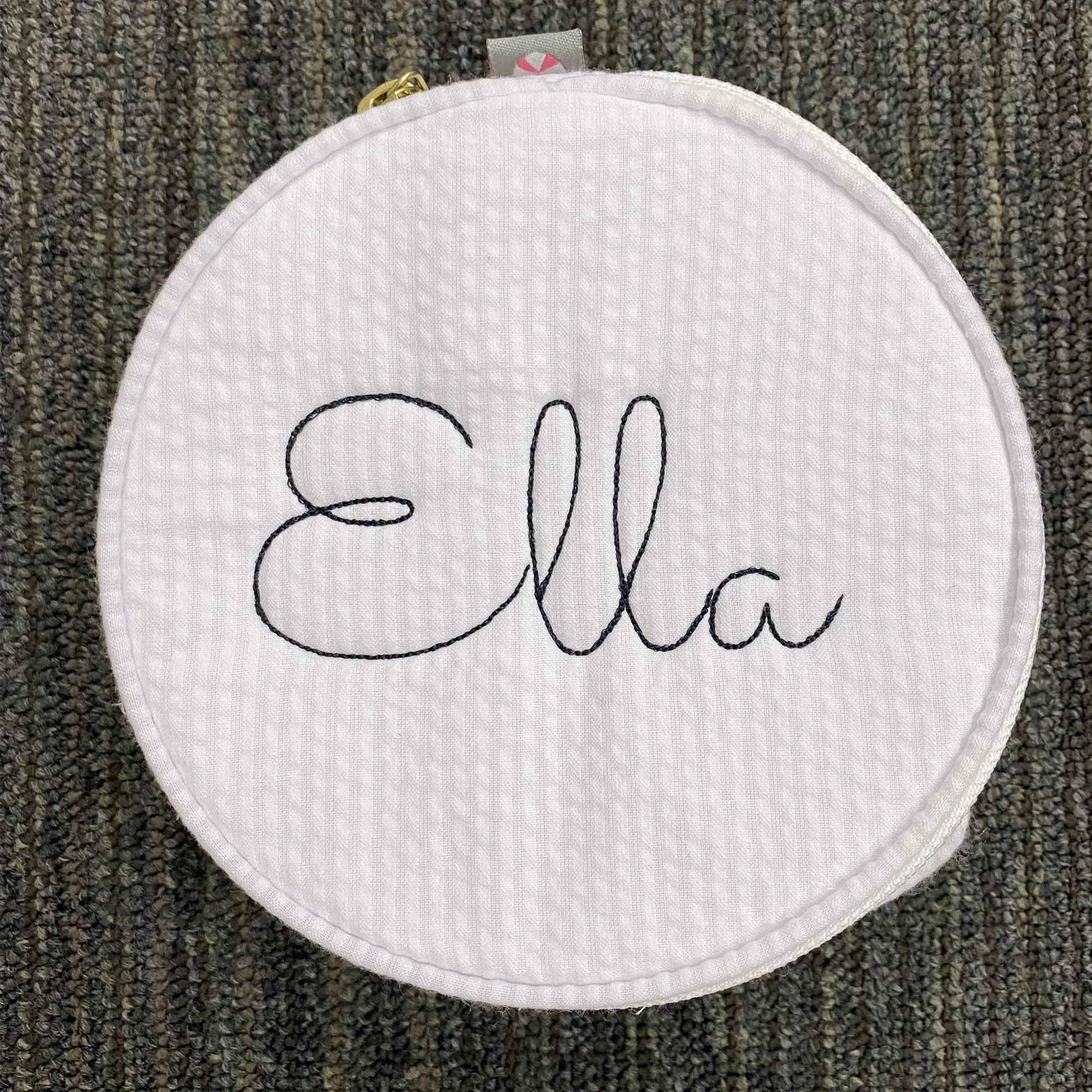 Personalized Seersucker White Round Multi Purpose Pouch