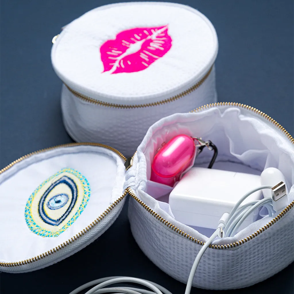 Personalized Seersucker White Round Multi Purpose Pouch