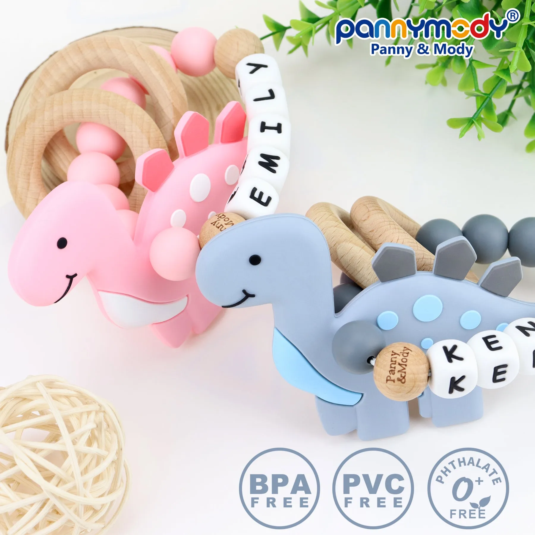 Personalized Teether Ring with Name & Stegosaurus