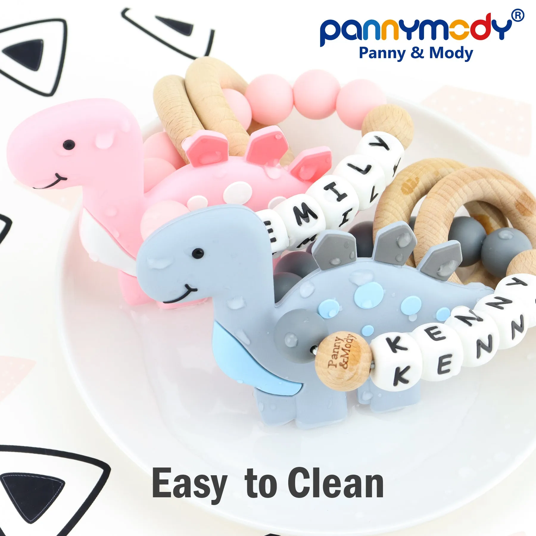 Personalized Teether Ring with Name & Stegosaurus