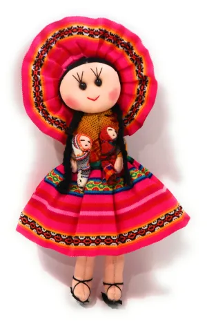 Rag Doll, Cholita Traditional Attire of Countrywoman of The Andes. Handcrafted Decorative Doll. 13.5" Tall.