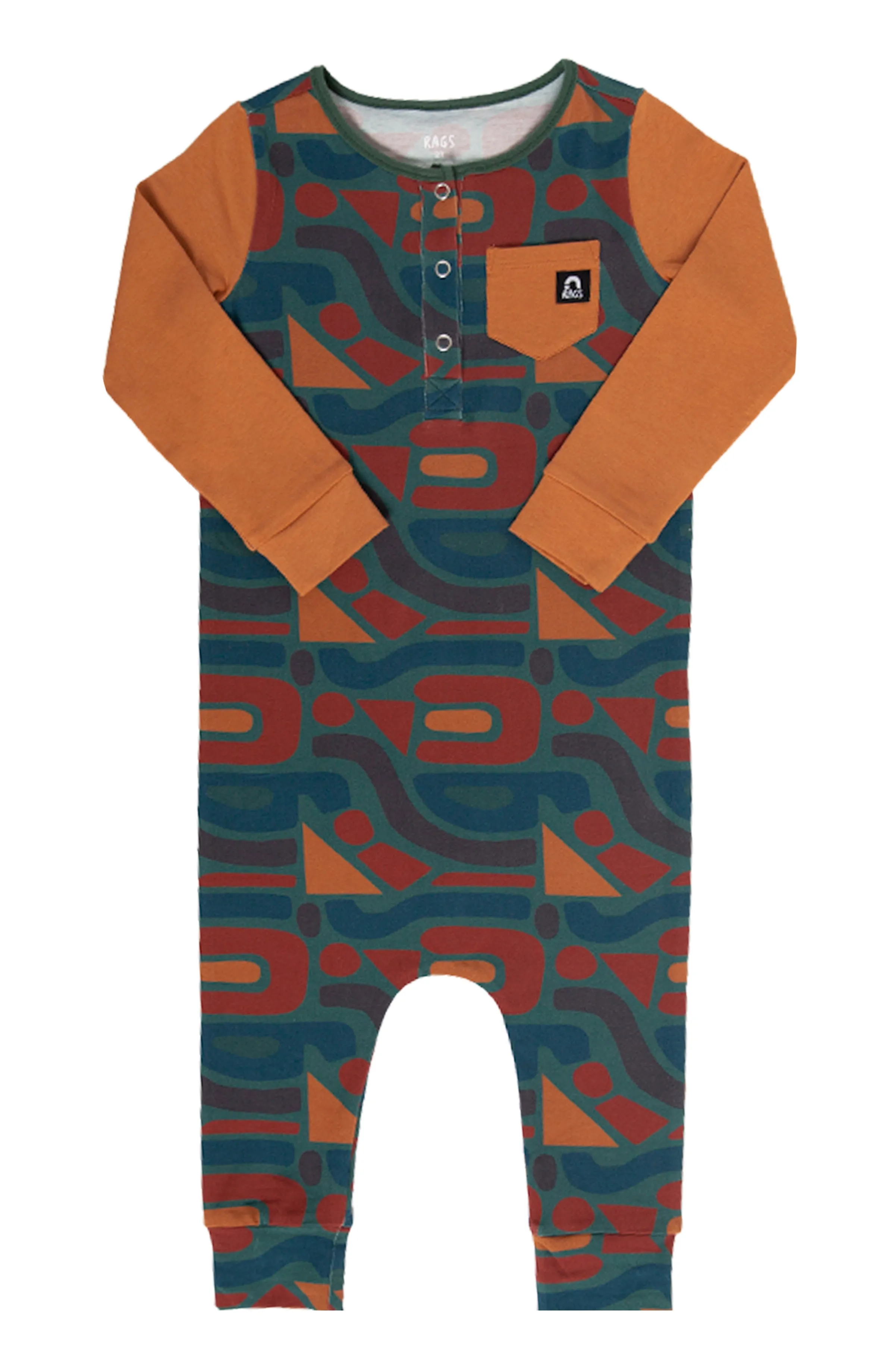 RAGS L/S Henley Pocket Rag Romper - Puzzle Shapes