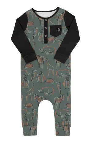 RAGS L/S Henley Pocket Rag Romper - Zoo Animals