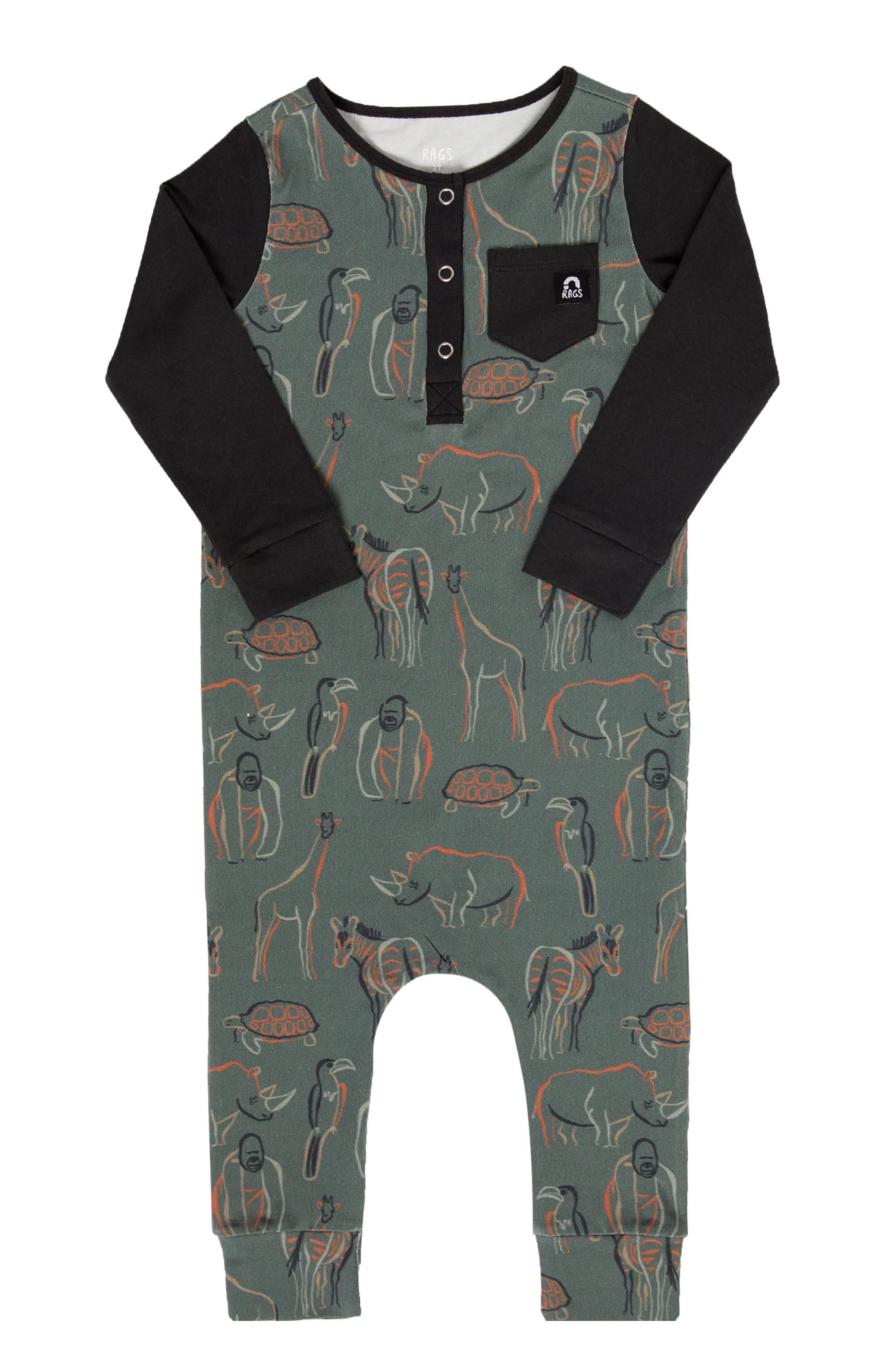 RAGS L/S Henley Pocket Rag Romper - Zoo Animals