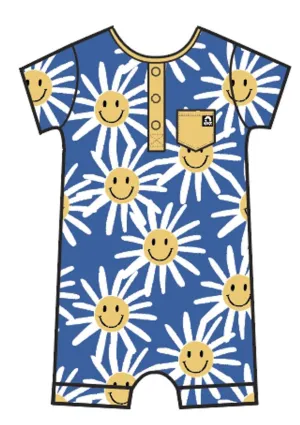 RAGS Short Sleeve Henley Pocket Short Rag Romper - Smiley Daisy