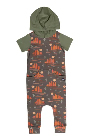 RAGS Short Sleeve Hooded Faux Pocket Rag Romper - Desert Night Landscape - Taupe