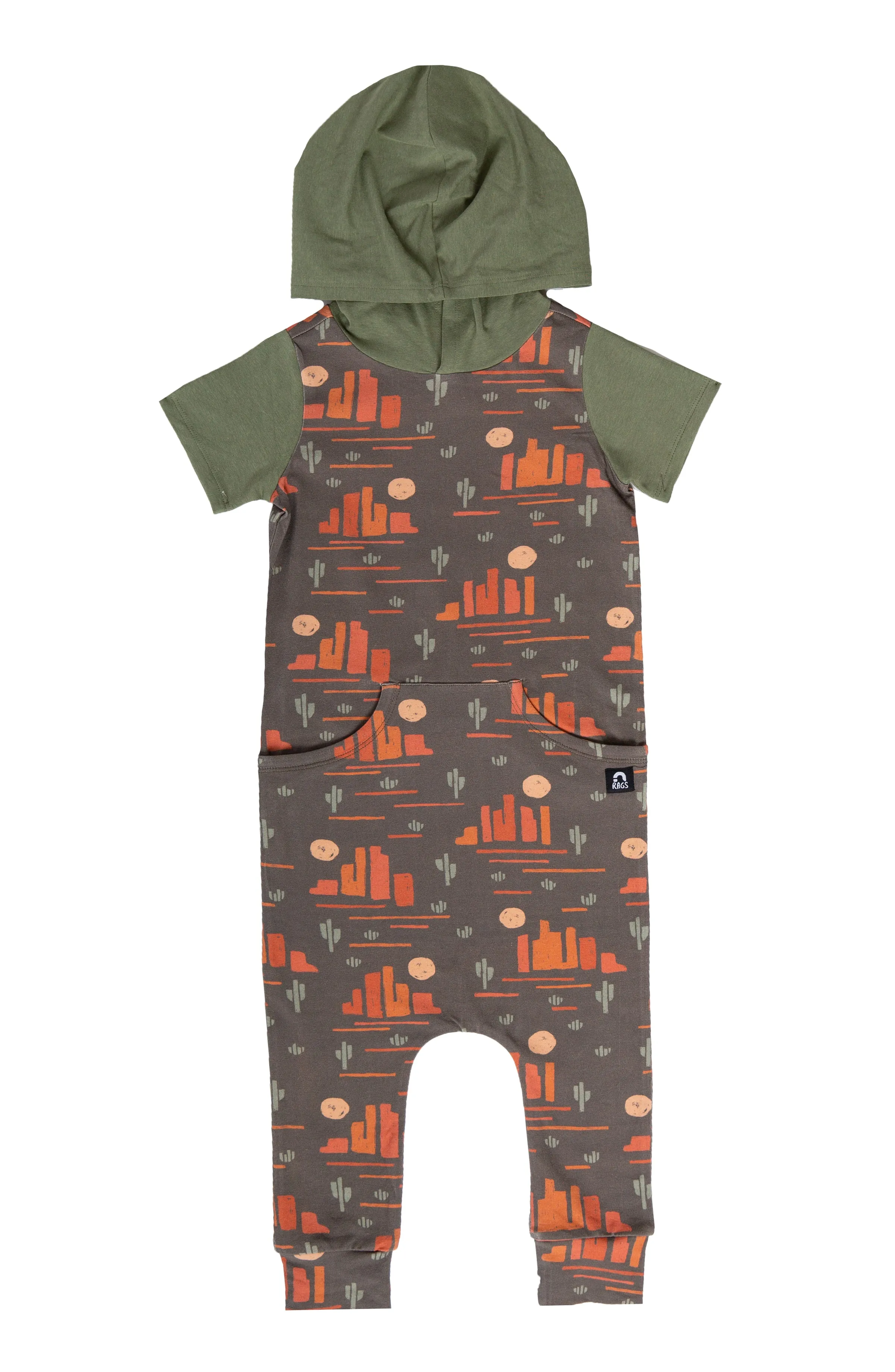 RAGS Short Sleeve Hooded Faux Pocket Rag Romper - Desert Night Landscape - Taupe