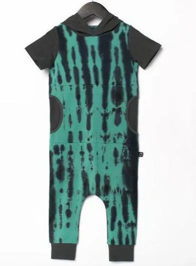 RAGS Short Sleeve Hooded Peek Pocket Romper - Tie Dye Basil & Phantom