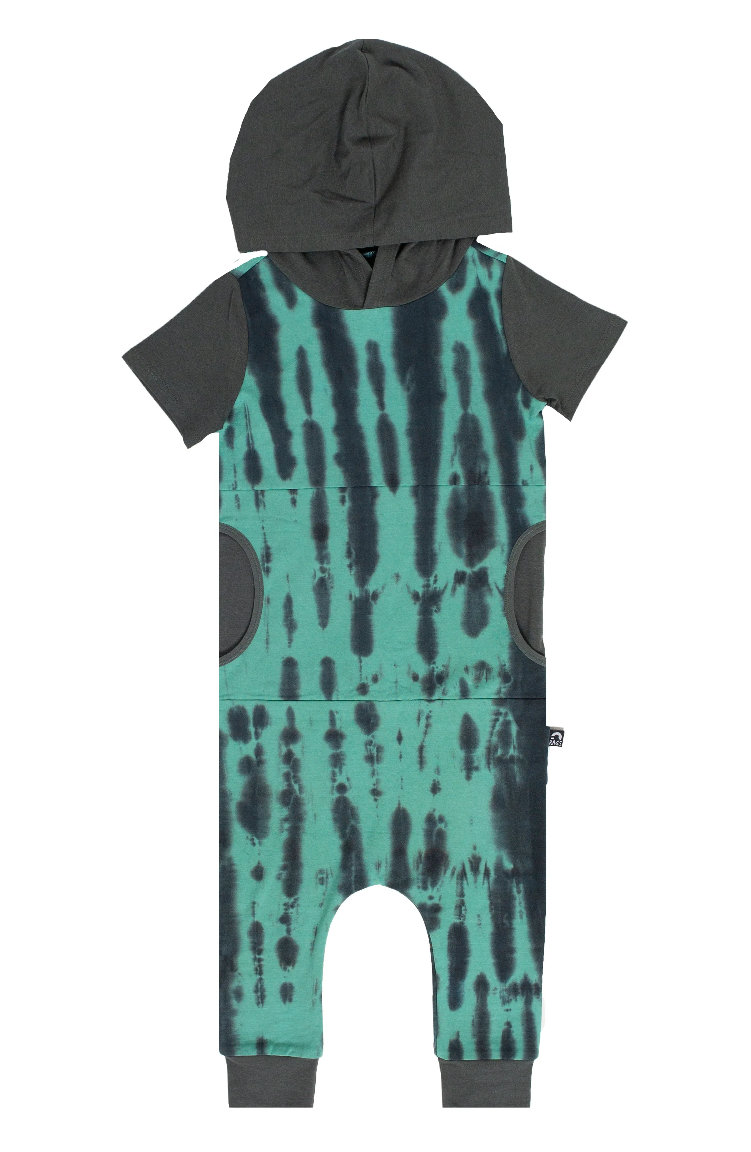 RAGS Short Sleeve Hooded Peek Pocket Romper - Tie Dye Basil & Phantom