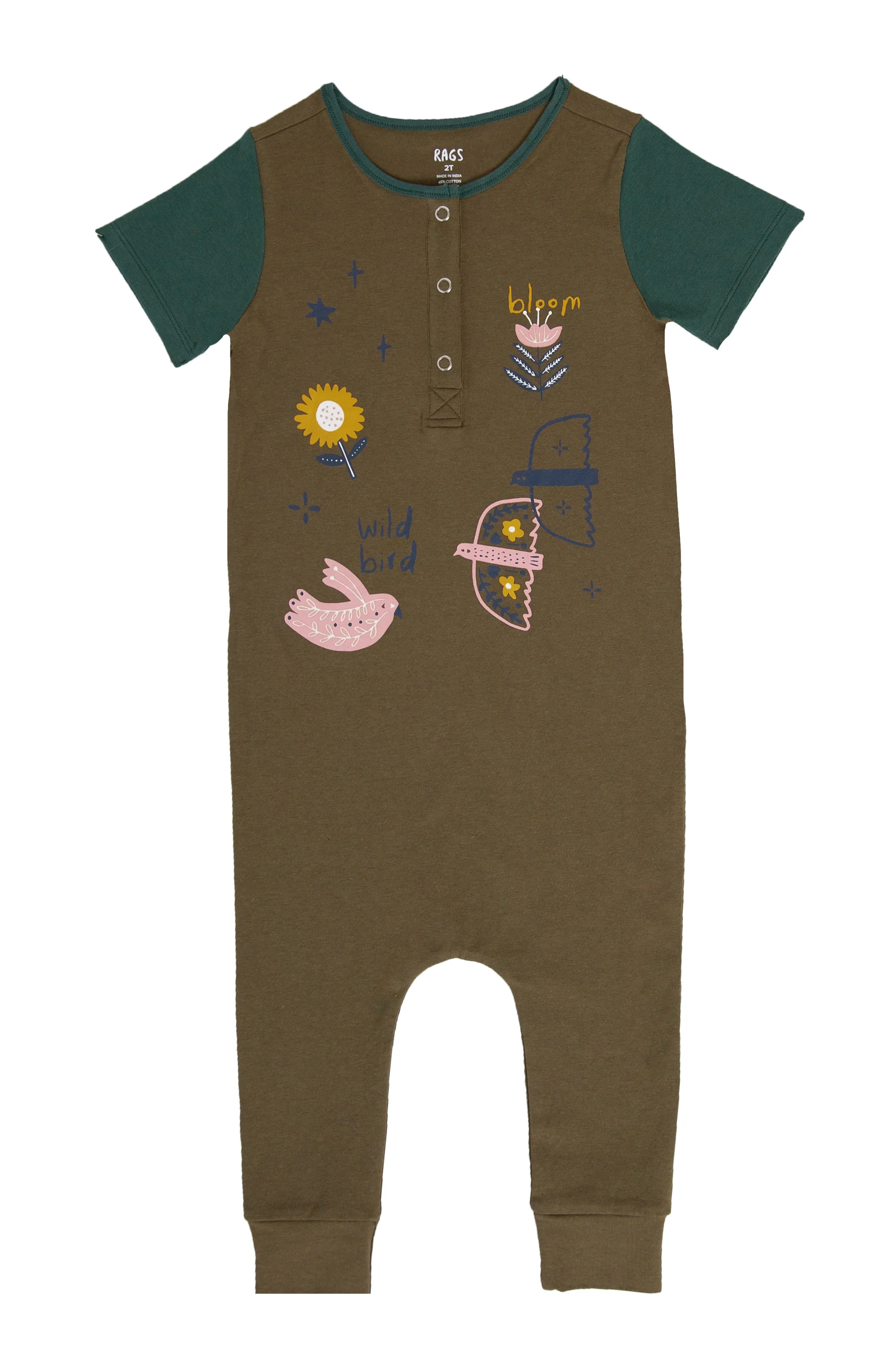 RAGS S/S Henley Rag Romper - Wild Bird