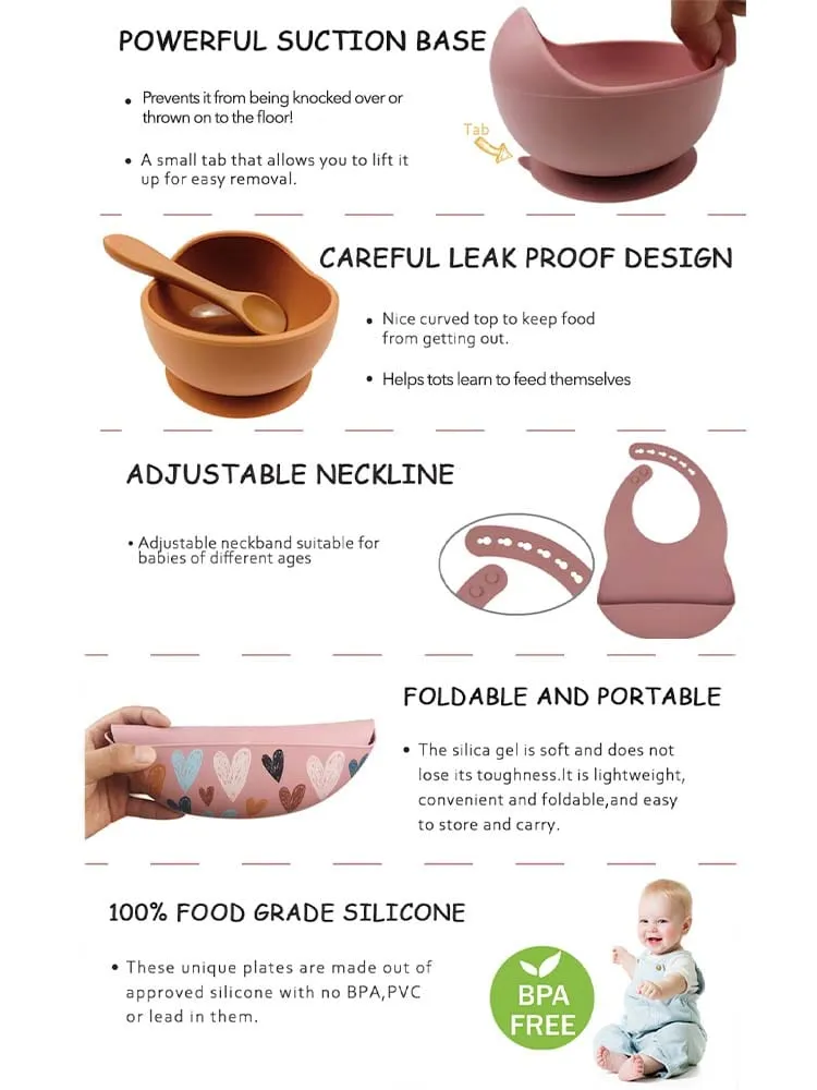 Silicone Bibs & Bowl Baby Feeding Set  - Bibs X 2, Food Bowl and Spoon - Animal Print & Tan