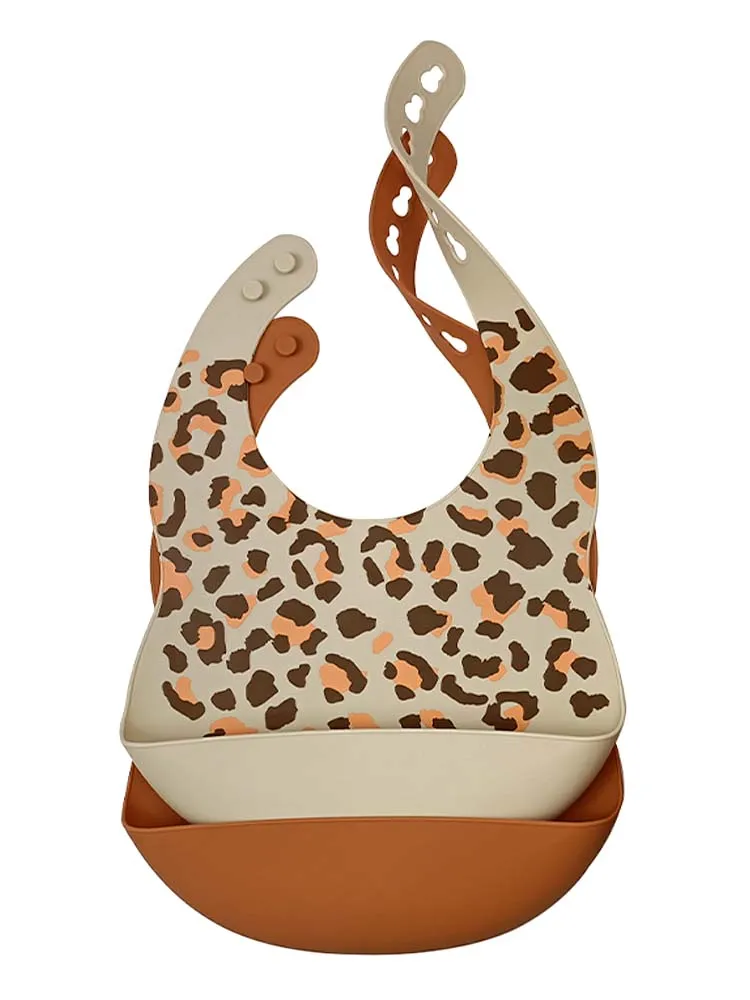 Silicone Bibs & Bowl Baby Feeding Set  - Bibs X 2, Food Bowl and Spoon - Animal Print & Tan