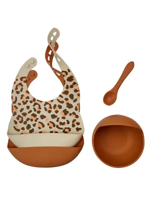 Silicone Bibs & Bowl Baby Feeding Set  - Bibs X 2, Food Bowl and Spoon - Animal Print & Tan