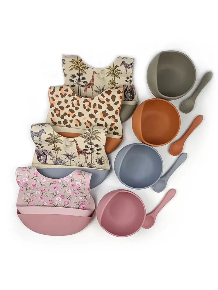 Silicone Bibs & Bowl Baby Feeding Set  - Bibs X 2, Food Bowl and Spoon - Animal Print & Tan