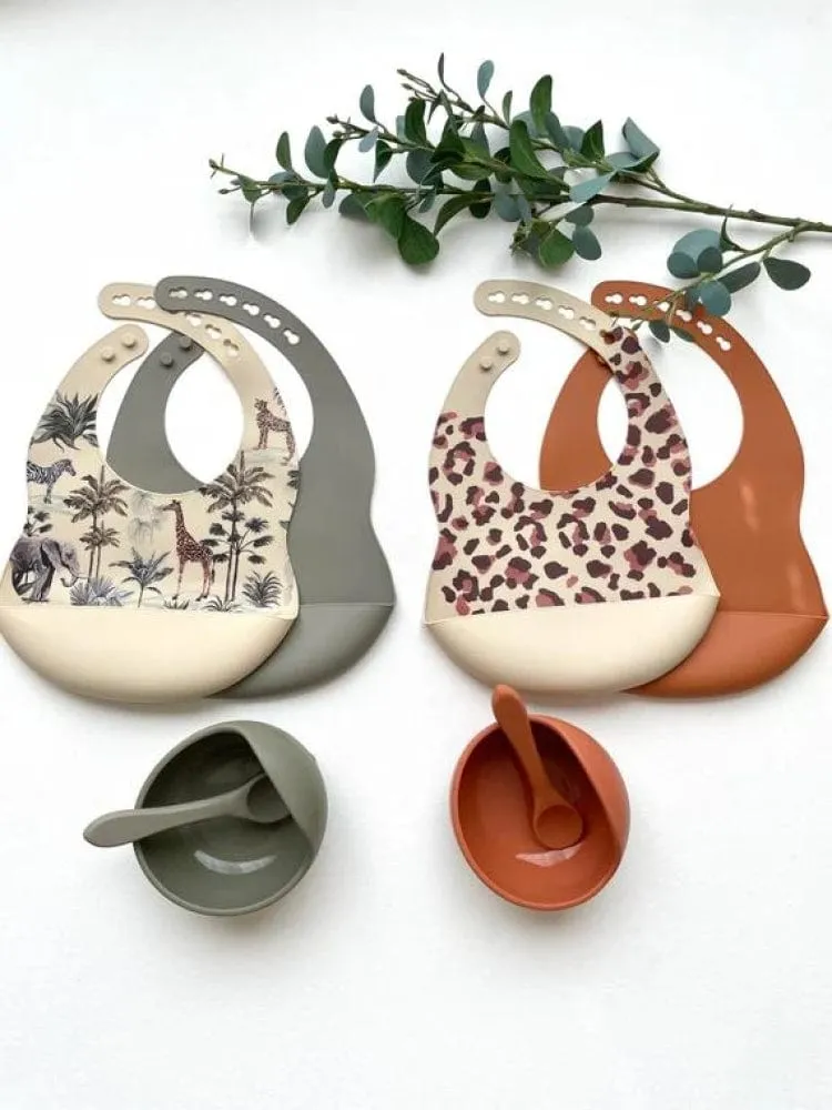 Silicone Bibs & Bowl Baby Feeding Set  - Bibs X 2, Food Bowl and Spoon - Animal Print & Tan
