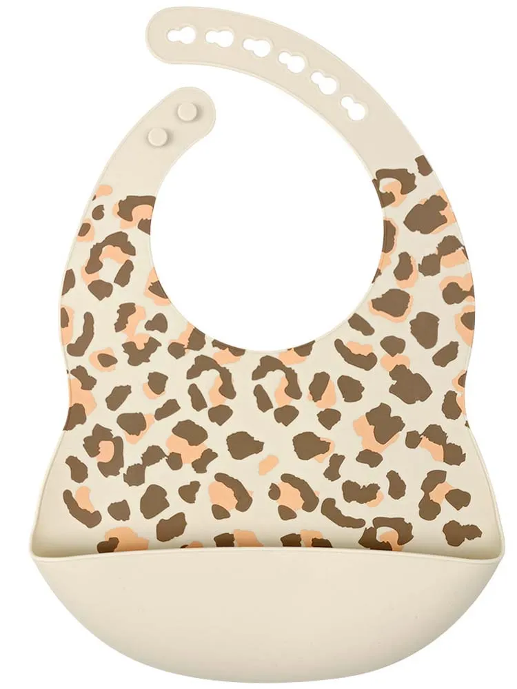 Silicone Bibs & Bowl Baby Feeding Set  - Bibs X 2, Food Bowl and Spoon - Animal Print & Tan