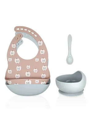 Silicone Bibs & Bowl Baby Feeding Set  - Bibs X 2, Food Bowl and Spoon - Apples & Light Blue