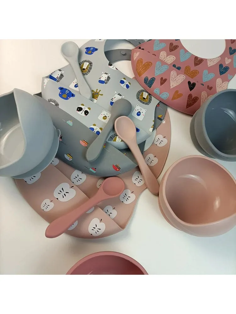 Silicone Bibs & Bowl Baby Feeding Set  - Bibs X 2, Food Bowl and Spoon - Zoo & Deep Blue