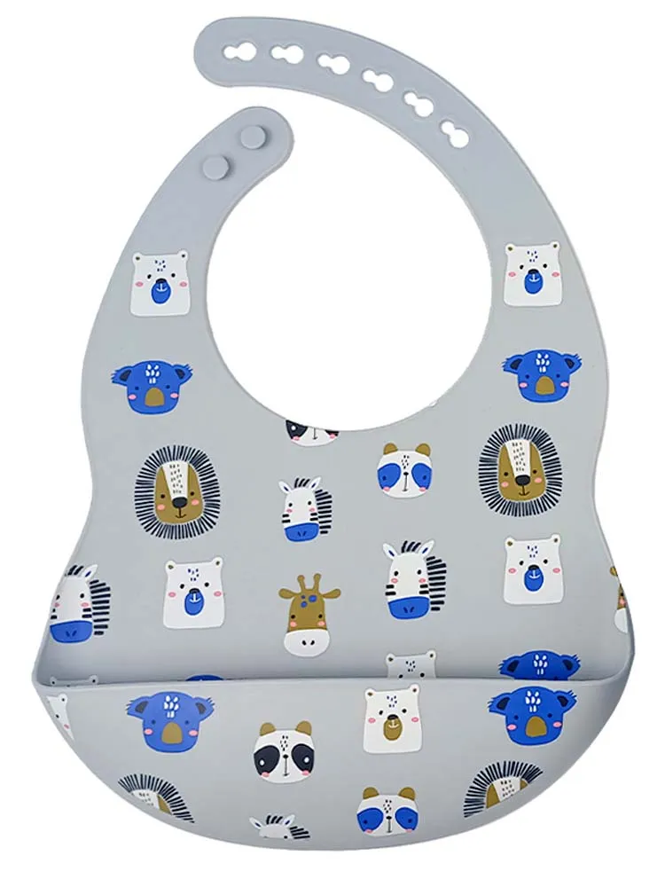 Silicone Bibs & Bowl Baby Feeding Set  - Bibs X 2, Food Bowl and Spoon - Zoo & Deep Blue