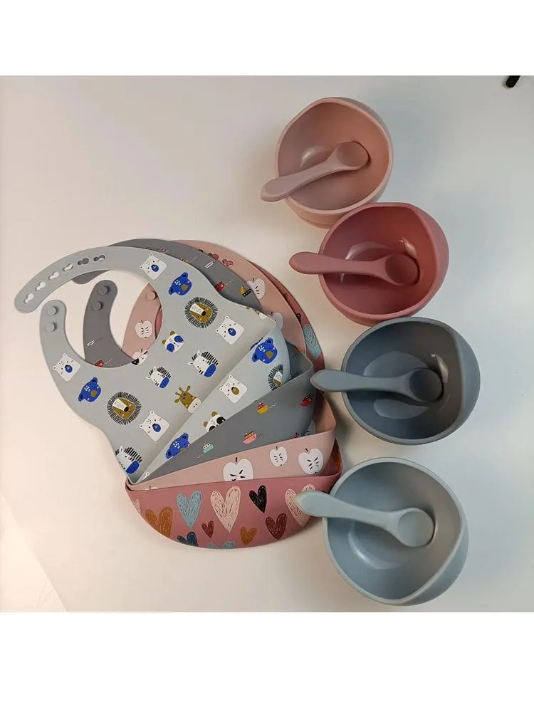 Silicone Bibs & Bowl Baby Feeding Set  - Bibs X 2, Food Bowl and Spoon - Zoo & Deep Blue