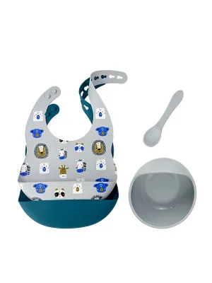 Silicone Bibs & Bowl Baby Feeding Set  - Bibs X 2, Food Bowl and Spoon - Zoo & Deep Blue
