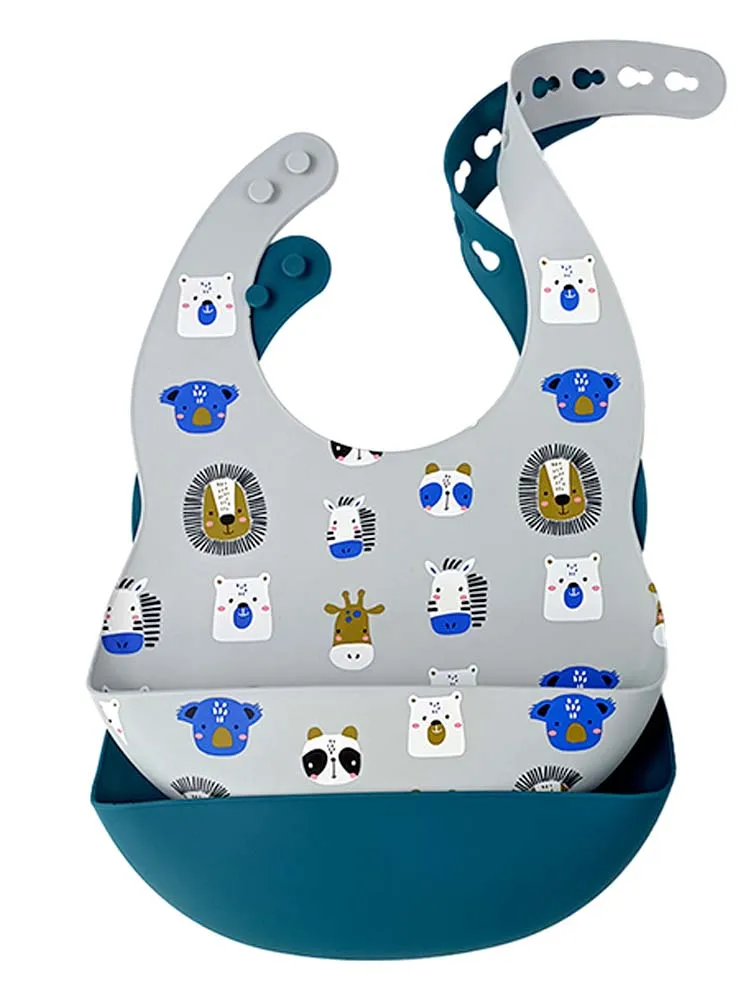 Silicone Bibs & Bowl Baby Feeding Set  - Bibs X 2, Food Bowl and Spoon - Zoo & Deep Blue