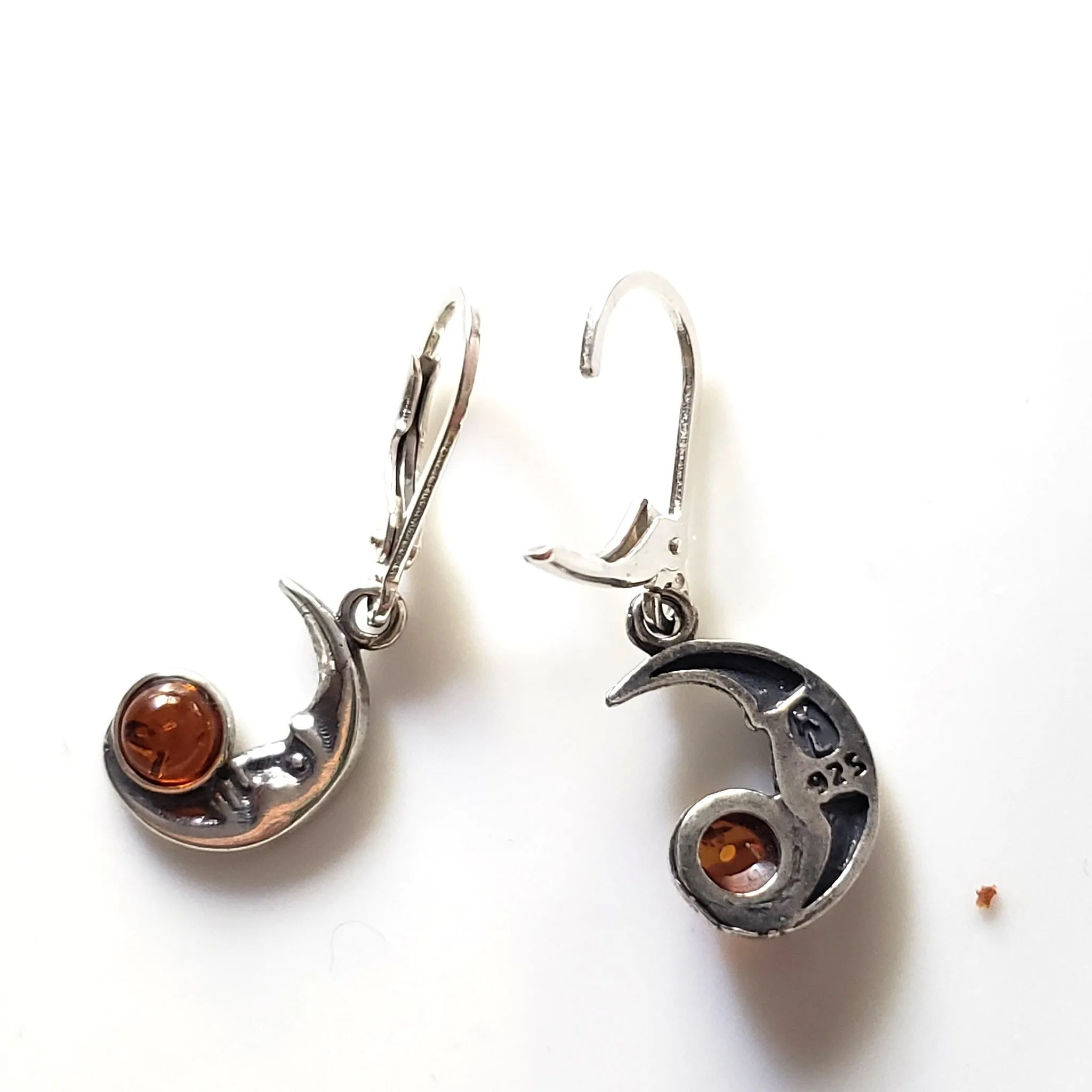 Silver Moon Earrings with Amber