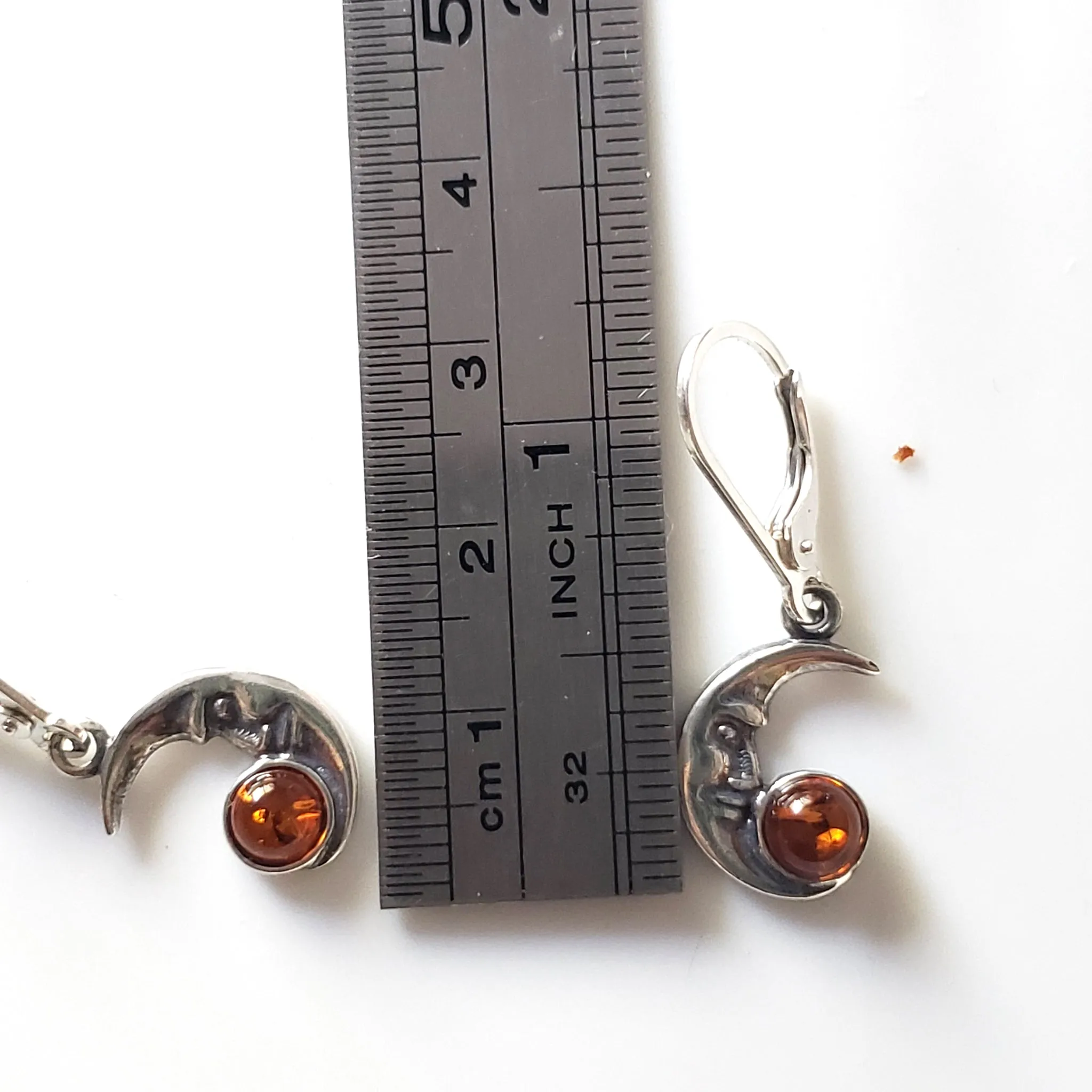 Silver Moon Earrings with Amber